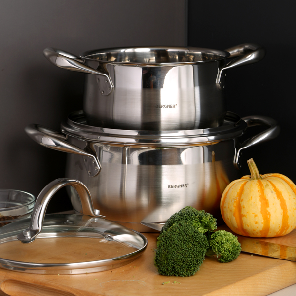 Bergner Gourmet - Cacerola 16 x 9.5 cm, 1.7 l, Olla Acero Inoxidable Inducción con Tapa, Escala de Medición en Interior, Base Aluminio Encapsulado, Antihuellas, Exterior Acero Cepillado, Tapa Vidrio - Imagen 2