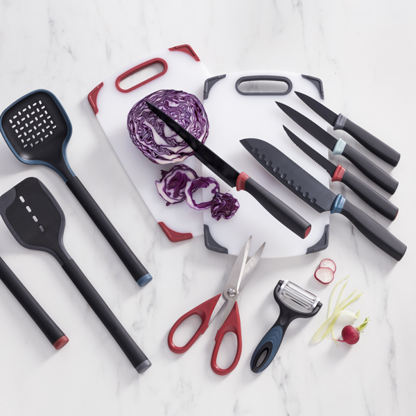 Infinity Chefs Essence - Set Utensilios de Cocina Nylon y Silicona, Espumadera 37.5 x 10.5 x 7 cm con Silicona Azul, Cazo 33 x 9 x 9 cm con Silicona Roja, Rasera 37 x 8.5 x 4.5 cm con Silicona Gris - Imagen 2