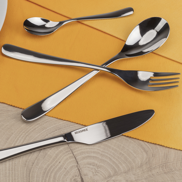 Bergner Poitiers - Set 24 Piezas Cubertería Acero Inoxidable 3 mm Espesor, 6 Cucharas Soperas, 6 Tenedores, 6 Cuchillos de Mesa, 6 Cucharillas, Ecológico, Apto para Lavavajillas, Acabado Efecto Espejo - Imagen 2