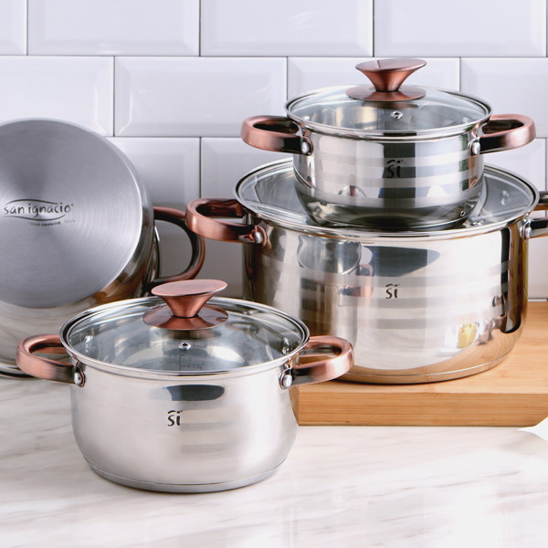 San Ignacio Altea - Batería de Cocina 8 Piezas Acero Inoxidable Inducción, 1 Pieza 16 x 9.5 cm, 1 Pieza 16 cm, 1 Pieza 18 x 10.5 cm, 1 Pieza 20 x 11.5 cm, 1 Pieza 24 x 13.5 cm, Asas y Pomos en Cobre - Imagen 2